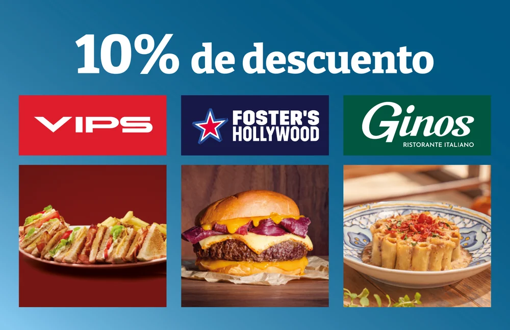Anverso de la tarjeta del cupón, con el titular «10% de descuento» y los logotipos de VIPS, Foster’s Hollywood y Ginos